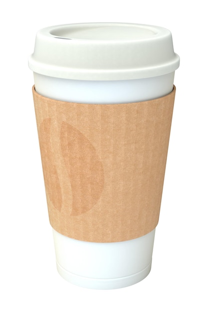 Leere weiße Take-Away-Kaffeetasse mit Deckel und Hülse, die auf weißem Hintergrund isoliert sind