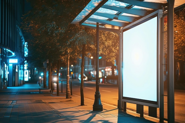 Leere weiße vertikale digitale Plakatplakate auf der Stadtstraße Bushaltezeichen an der Nigh Street Werbung Bushalte Mockup