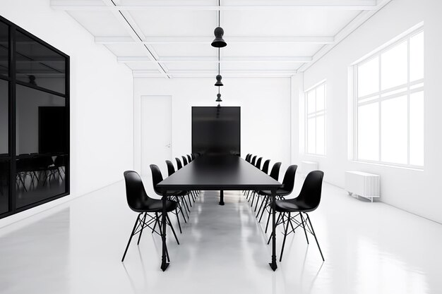 Leere weiße Wände, elegante schwarze Tische und Stühle für moderne Besprechungsräume, die mit generativer KI geschaffen wurden