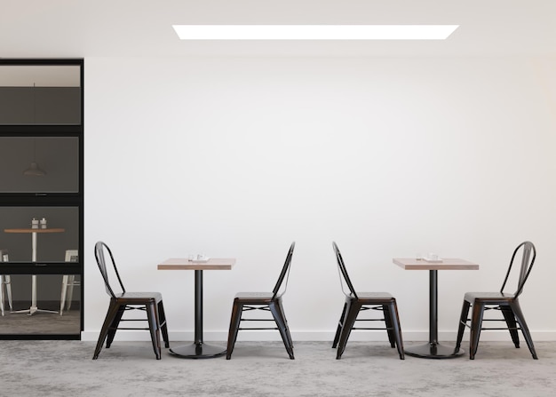 Leere weiße Wand im modernen Café Mock-up-Restaurant-Interieur im zeitgenössischen Stil Freier Kopierplatz für Ihr Werbebanner, Kunstwerk, Bildtext oder anderes Design Leerer Raum 3D-Rendering