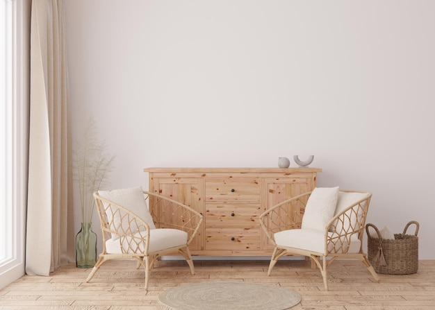 Leere weiße Wand im modernen Wohnzimmer Mock-up-Interieur im skandinavischen Boho-Stil Freier Platz für Ihren Bildtext oder ein anderes Design Konsole Rattansessel Pampasgras 3D-Rendering