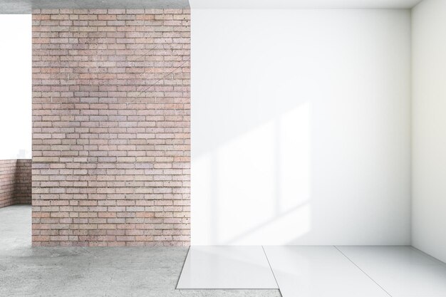 Leere weiße Wand in sonniger, renovierter Zimmerwohnung und rote Ziegelwand auf der linken 3D-Rendering-Mockup