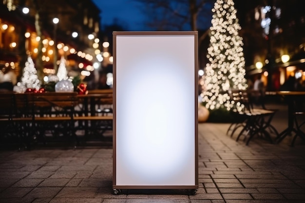 Leere weiße Werbetafel an der Bushaltestelle auf der Stadtstraße. Im Hintergrund Gebäude und Straße. Attrappe eines Posters auf der Straße neben der Fahrbahn. Generative KI