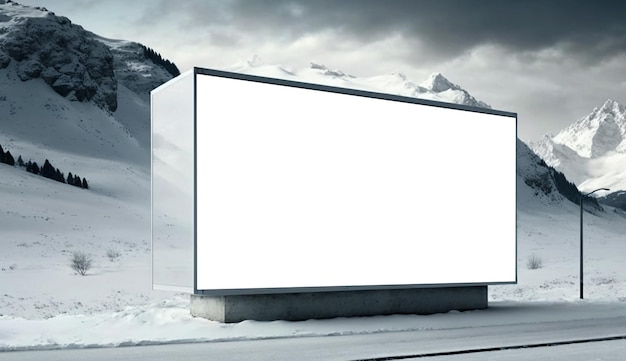 Leere weiße Werbetafel auf schneebedecktem Berghintergrund Generative KI