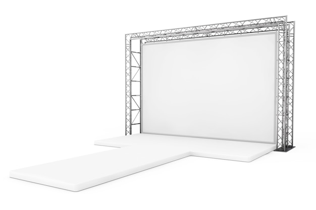 Leere Werbebanner im Freien auf Metallfachwerk-Konstruktionssystem mit leerem Podium auf weißem Hintergrund. 3D-Rendering