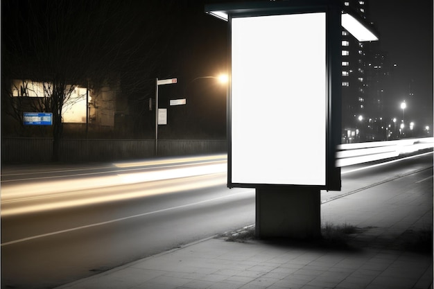 Leere Werbetafel im quadratischen Außenbereich mit Neonhintergrund auf dem Bürgersteig