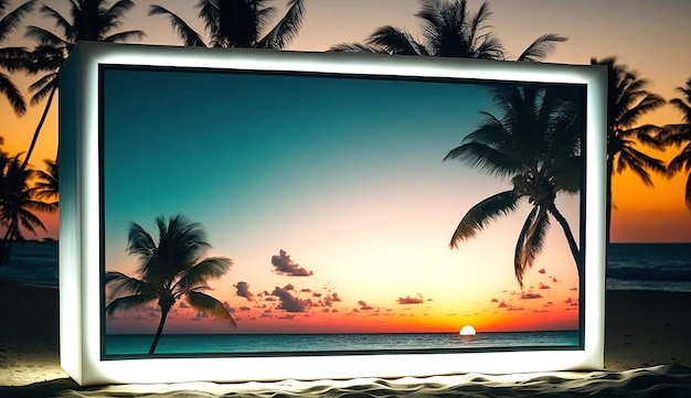 Leere Werbetafel mit der tropischen Strandlandschaft während des Sonnenuntergangs Generative KI