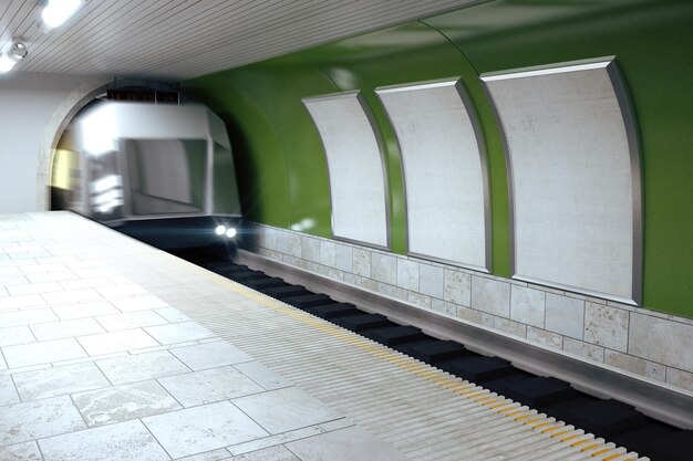 Leere Werbetafeln und ein fahrender Zug in der U-Bahn-Attrappe