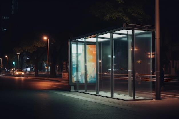 Foto leere werbung am wartehäuschen mit unscharfen ampeln nachts