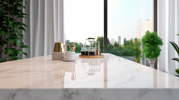 Leerer Arbeitstisch aus weißem Marmor, moderne Küche zur Präsentation auf hellem, luxuriösem Raumhintergrund. Generative KI