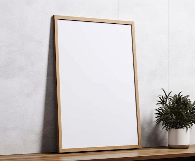 Leerer Bildrahmen-Mockup auf einem Holzschreibtisch Wandtisch Vase mit Olivenzweigen Kaktus