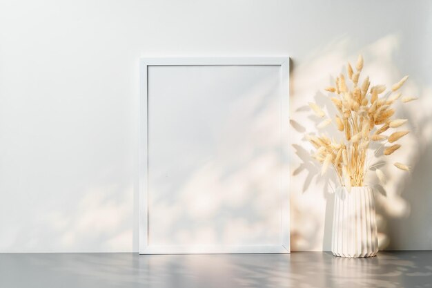 Leerer Bildrahmen und getrocknete Blume in einer Vase auf weißem Hintergrund