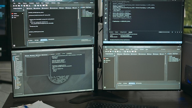 Foto leerer datenraum mit computerbildschirmen auf dem schreibtisch, computer im hintergrund, auf denen programmiercode und algorithmen im terminalfenster ausgeführt werden. firewall-netzwerkserver im büro der agentur.