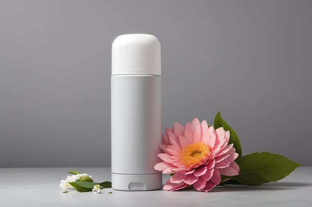 Foto leerer deodorant und blume auf grauem hintergrund