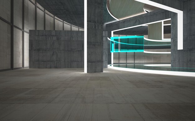 Leerer dunkler abstrakter Beton und Holz glatter Innenraum Architektonischer Hintergrund 3D-Darstellung