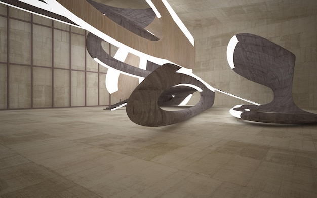 Leerer dunkler abstrakter Beton und Holz glatter Innenraum Architektonischer Hintergrund 3D-Darstellung