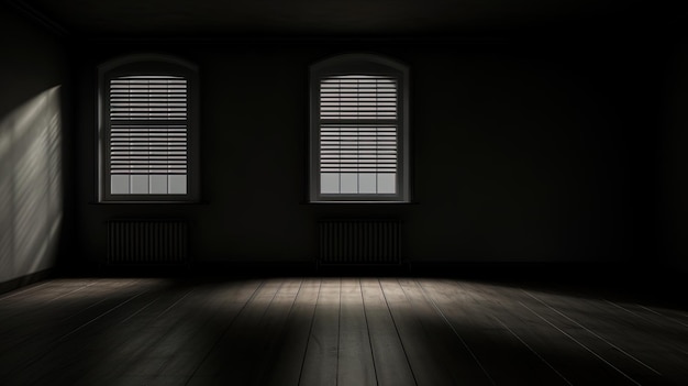 Leerer dunkler Raum mit einem Fenster, Mondlicht durch das Fenster beschattet Lichtstrahlen der KI-Generierung