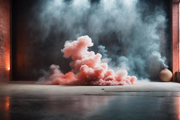 Foto leerer, dunkler studioraum mit farbenfrohem feuerrauch schwebt die innere textur für die ausstellung von produkten auf