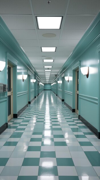 Leerer Flur in einer medizinischen Einrichtung, ein ruhiger Weg inmitten ruhender Patientenzimmer. Vertikale mobile Wand