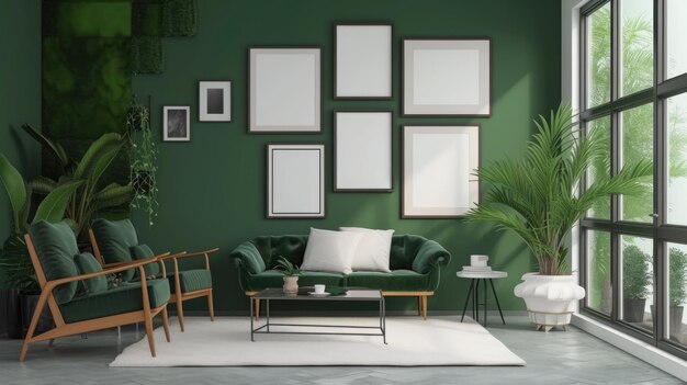 Leerer Fotorahmen-Mockup auf grüner Wand Smaragd Wohnzimmer-Design Minimalismus-Konzept