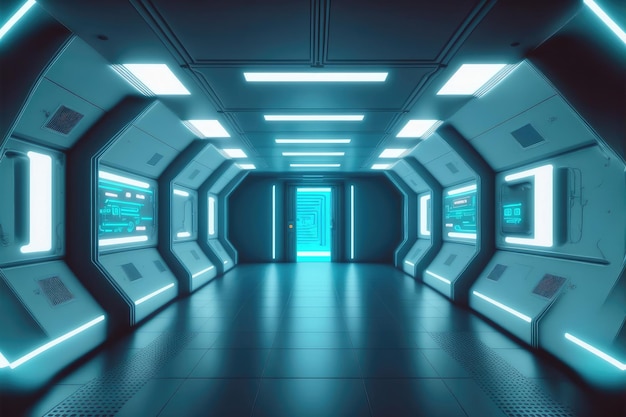 Leerer futuristischer Scifi-Raum des Raumschiffs mit blauer Lichtdekoration