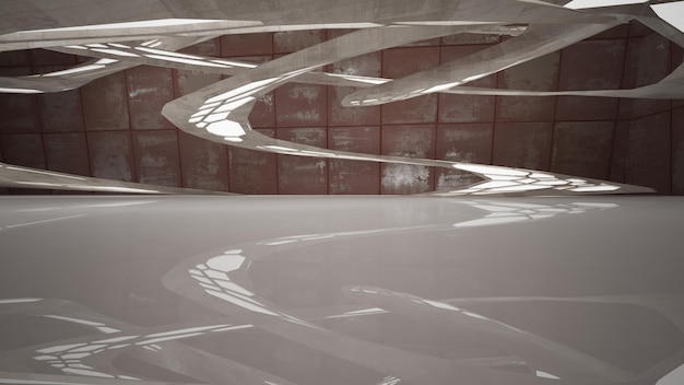 Leerer, glatter, abstrakter Innenraum aus Blechen, verrostetes Metall. Architektonischer Hintergrund 3D