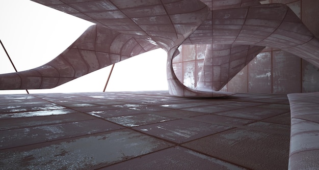 Leerer, glatter, abstrakter Innenraum aus Blechen, verrostetes Metall. Architektonischer Hintergrund 3D