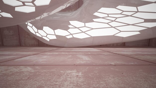 Leerer, glatter, abstrakter Raum, weißer Innenraum aus Blechen, verrostetes Metall. Architektonischer Hintergrund 3D