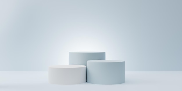 Foto leerer hellblauer reinraum mit dreistufigem 3d-zylinderpodest oder produktpräsentationsständer 3d-rendering