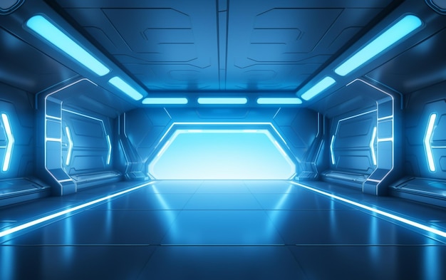 Leerer hellblauer Studioraum, futuristischer Sci-Fi-großer Saalraum mit blauen Lichtern, zukünftiger Hintergrund für