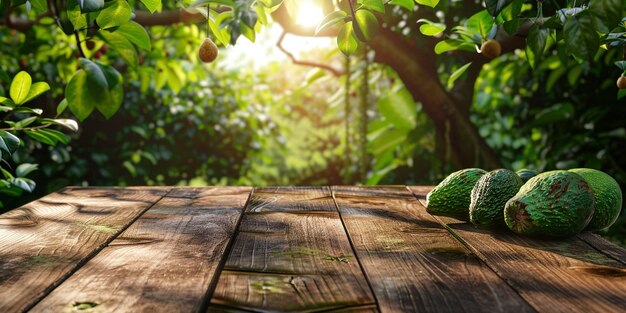 Leerer hölzerner Küchtentisch über einem Avocado-Fruchtgarten-Hintergrund