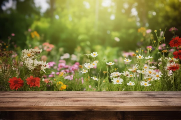 Leerer Holzboden Blumenhintergrund schöner und hellgrüner verschwommener Hintergrund