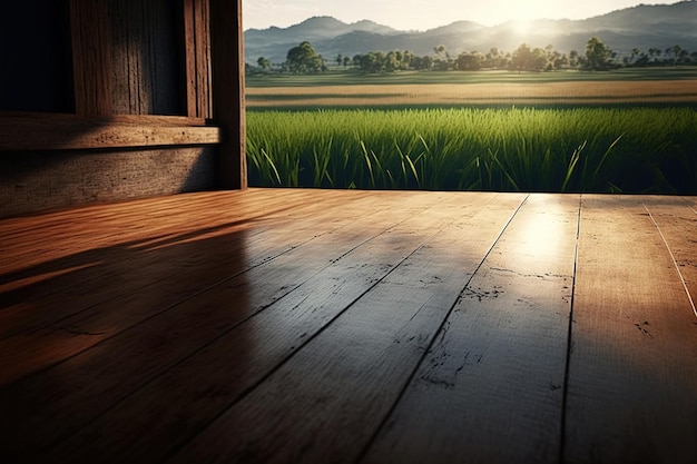 Leerer Holzboden mit tropischem grünem Reisfeldhintergrund