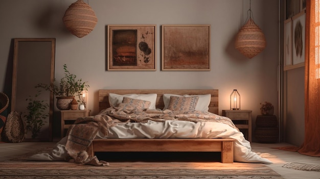 Leerer Holzrahmen in einem Boho-Schlafzimmer Mock-up-Vorlage für Design oder Produktplatzierung, die mit generativer KI erstellt wurde