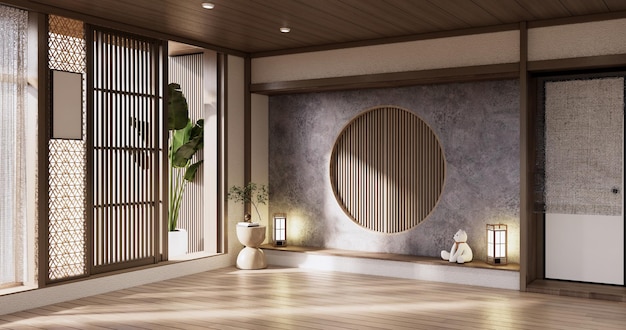 Leerer Holzraum im Muji-StilReinigung des Innenraums des Japandi-Raums