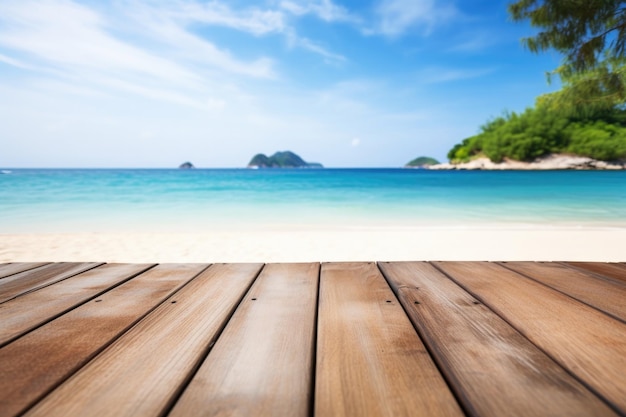 Leerer Holztisch auf dem Hintergrund des Strandes und der wunderschönen Meeresinsel