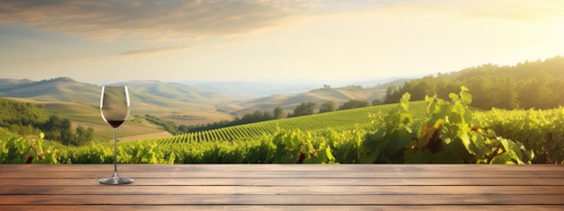 Leerer Holztisch auf dem Hintergrund des Weinbergs an einem sonnigen Tag