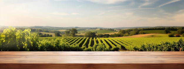 Leerer Holztisch auf dem Hintergrund des Weinbergs an einem sonnigen Tag