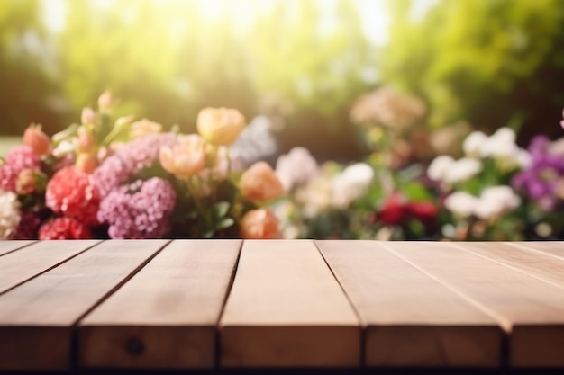 leerer Holztisch auf dem Hintergrund eines Blumengeschäfts