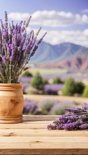 Leerer Holztisch für die Ausstellung von Produkten mit Lavendelgarten-Hintergrund