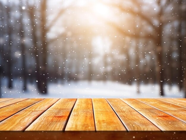 Foto leerer holztisch für die ausstellung von produkten mit schnee-hintergrund