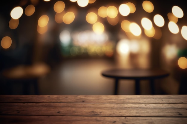 Leerer Holztisch für die Produktpräsentation im verschwommenen Hintergrund des Restaurants bei Nacht