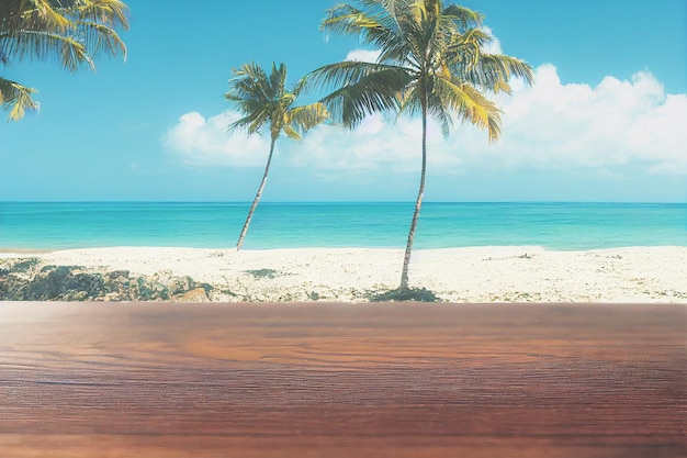 Leerer Holztisch für die Produktpräsentation mit Blick auf den tropischen Strandhintergrund