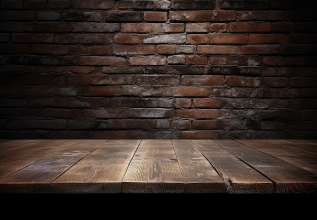 Leerer Holztisch für Produktmontage mit Backsteinwandhintergrund