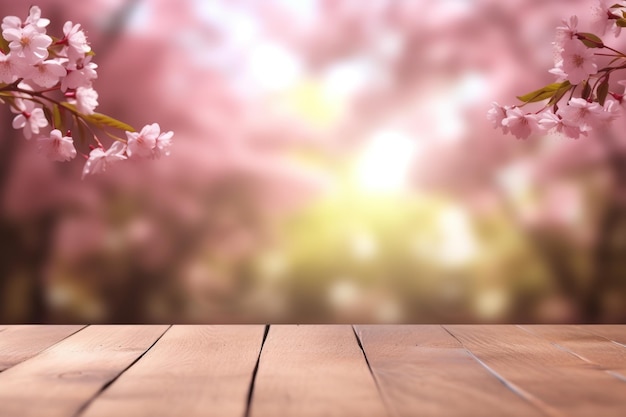 Leerer Holztisch hinter verschwommener Produktpräsentationsvorlage mit Kirschblütenhintergrund