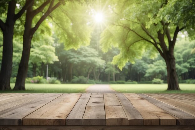 Leerer Holztisch im Freien, grüner Park, Natur, Hintergrund, Vorlage für die Produktdarstellung