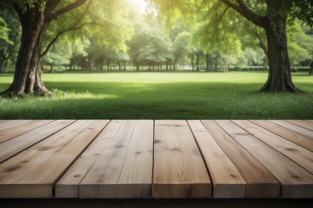 Leerer Holztisch im Freien, grüner Park, Natur, Hintergrund, Vorlage für die Produktdarstellung