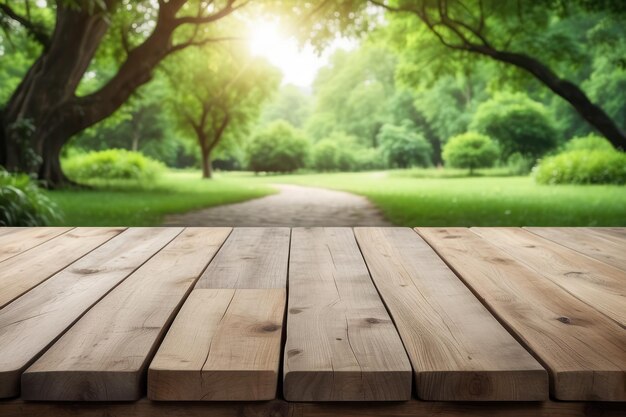 Leerer Holztisch im Freien, grüner Park, Natur, Hintergrund, Vorlage für die Produktdarstellung