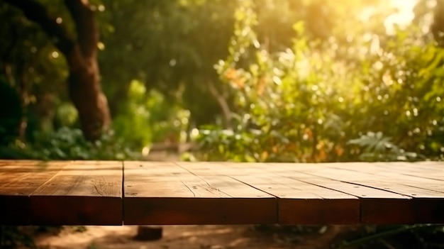 Leerer Holztisch im natürlichen grünen Garten im Freien Produktplatzierung mit Sonntagslicht Generative KI