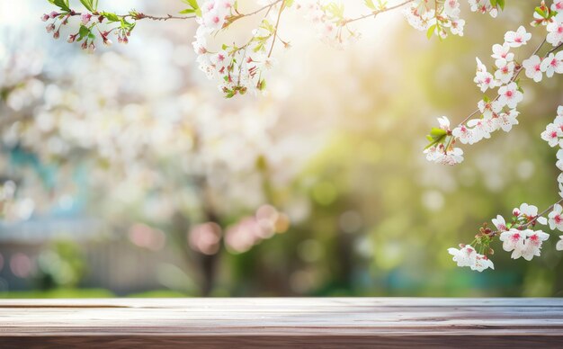 Foto leerer holztisch im sakura flower park mit frühlings-themengarten bokeh-hintergrund vorlage für die anzeige von produkten